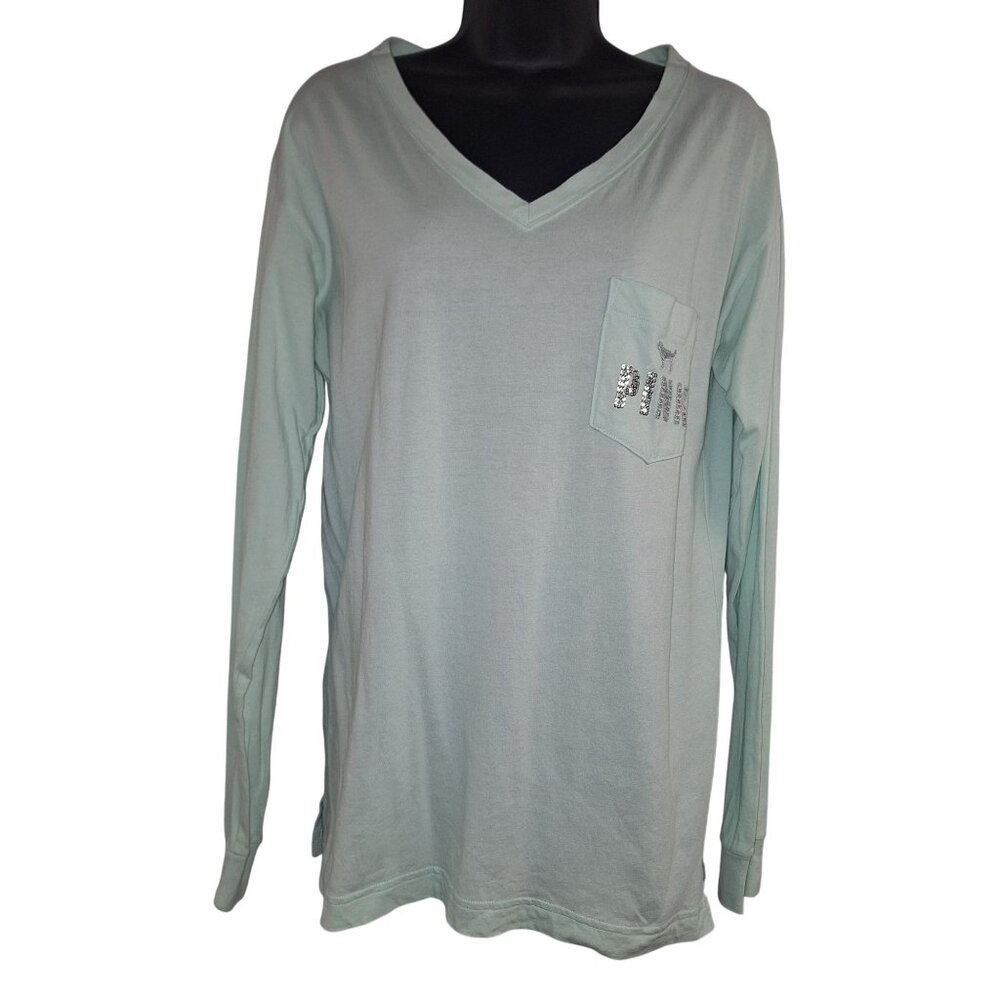Victorias Secret Pink XS Mint Long Sleeve V-Neck Shirt Sequined Logo & Pocket